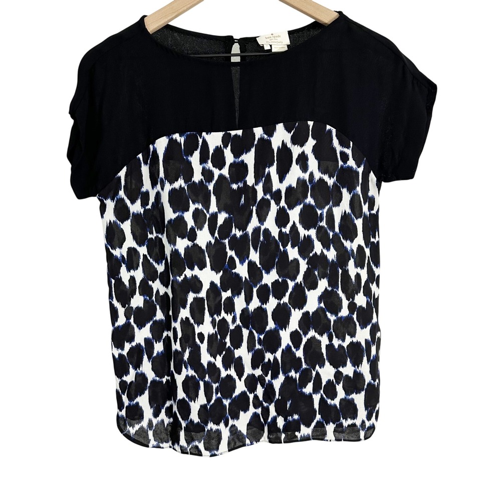 Kate Spade Crepe‎ Animal Print Cap Sleeve Blouse Top Black Blue Size 0 Work